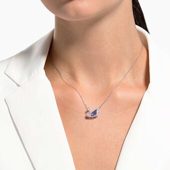 swarovski swan necklace  dancing swan  blue  rhodium plated