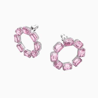 Millenia hoop earrings, Octagon cut crystals, Pink, Rhodium plated