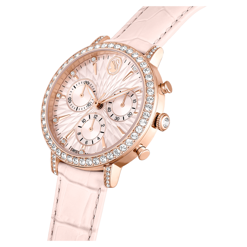 swarovski matrix tennis chrono watch  swiss made  leather strap  pink  rose gold tone finish