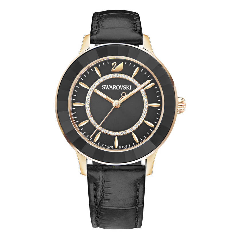 Octea Lux Watch, Leather Strap, Black, Rose Gold Tone