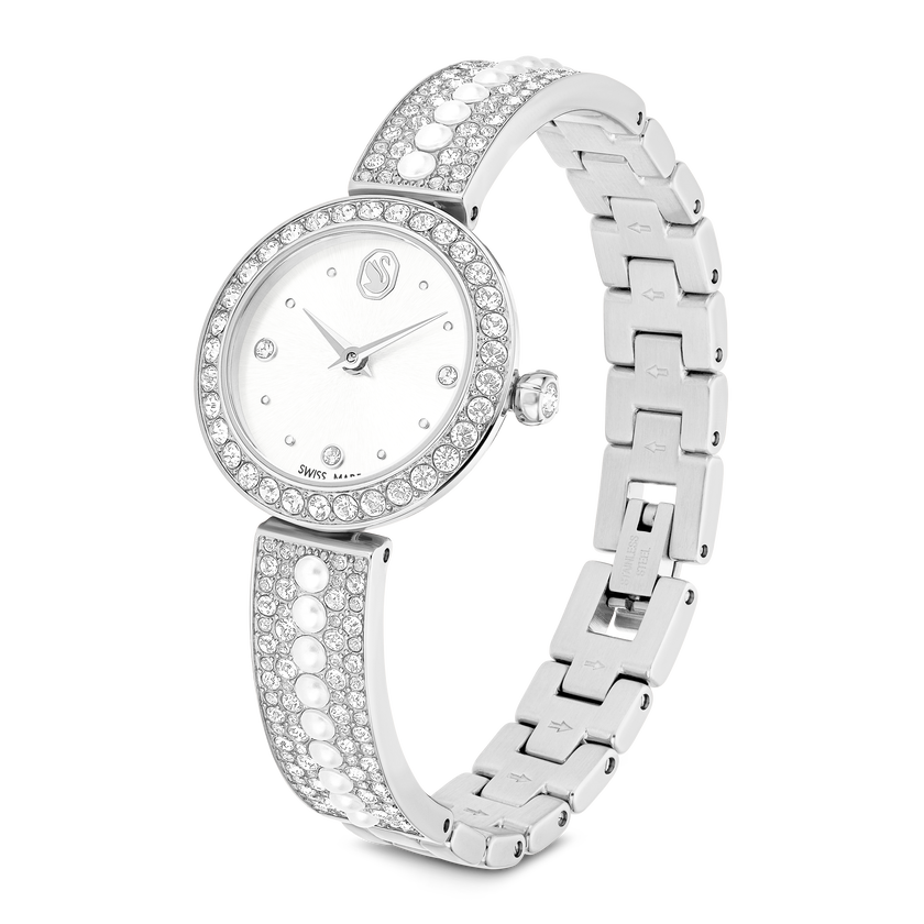 swarovski matrix pearl bangle watch  swiss made  crystal bracelet  white  stainless steel