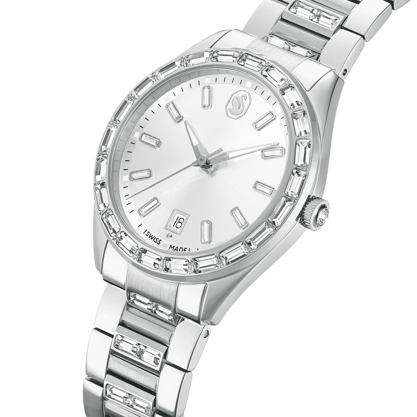 swarovski matrix date watch  swiss made  metal bracelet  silver tone  stainless steel