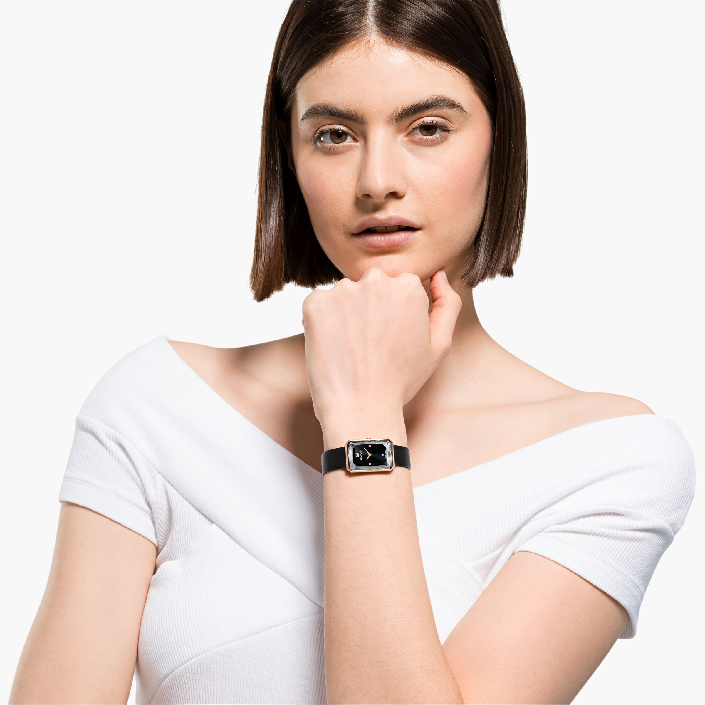 Buy Swarovski Uptown Watch Leather strap Black Rose gold tone PVD