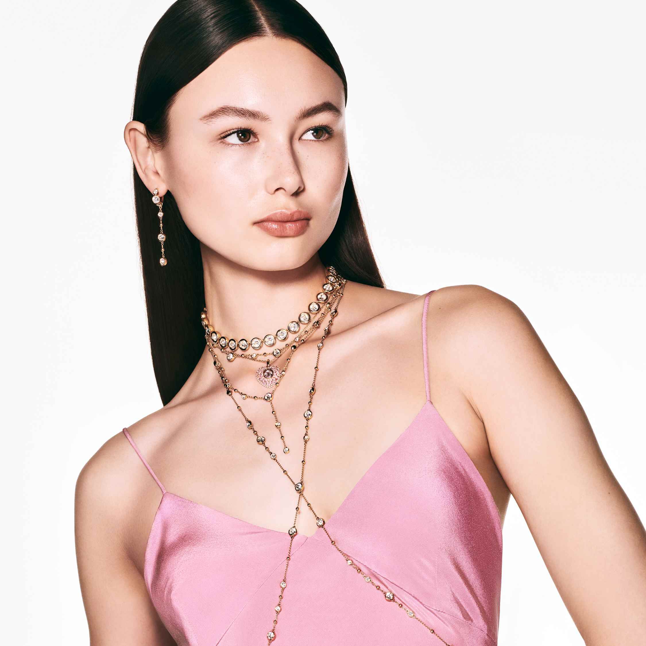 swarovski imber y necklace  round cut  scattered design  white  gold tone plated