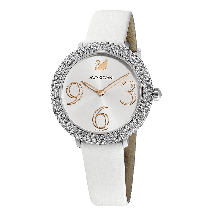 Crystal Frost Watch, Leather Strap, White, Stainless Steel