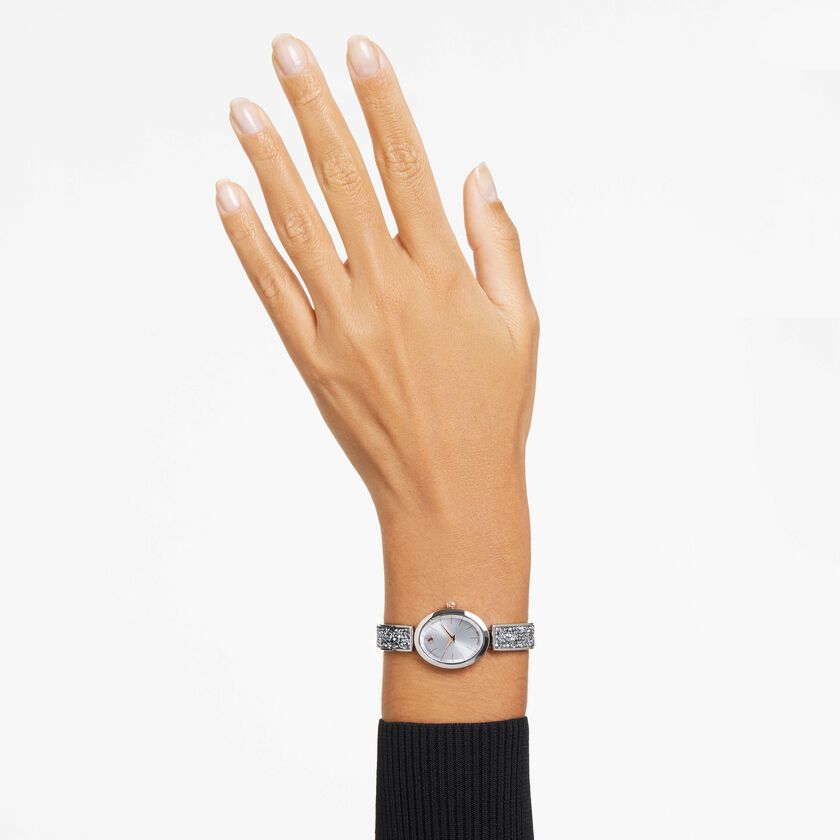 swarovski crystal rock oval watch  swiss made  metal bracelet  white  stainless steel