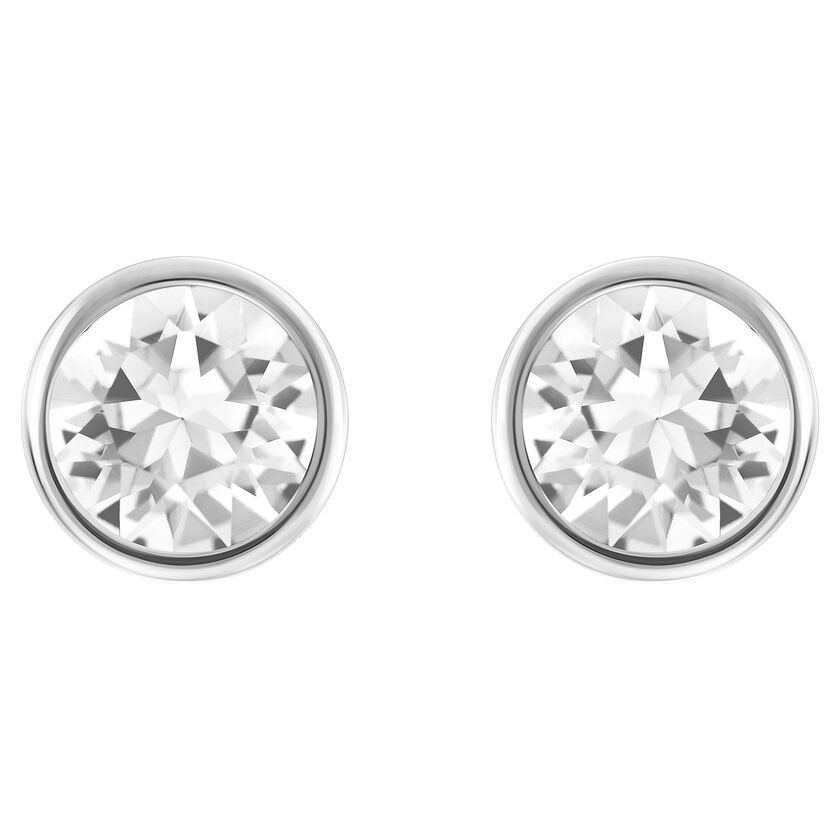 Solitaire stud earrings, Round cut, White, Rhodium plated
