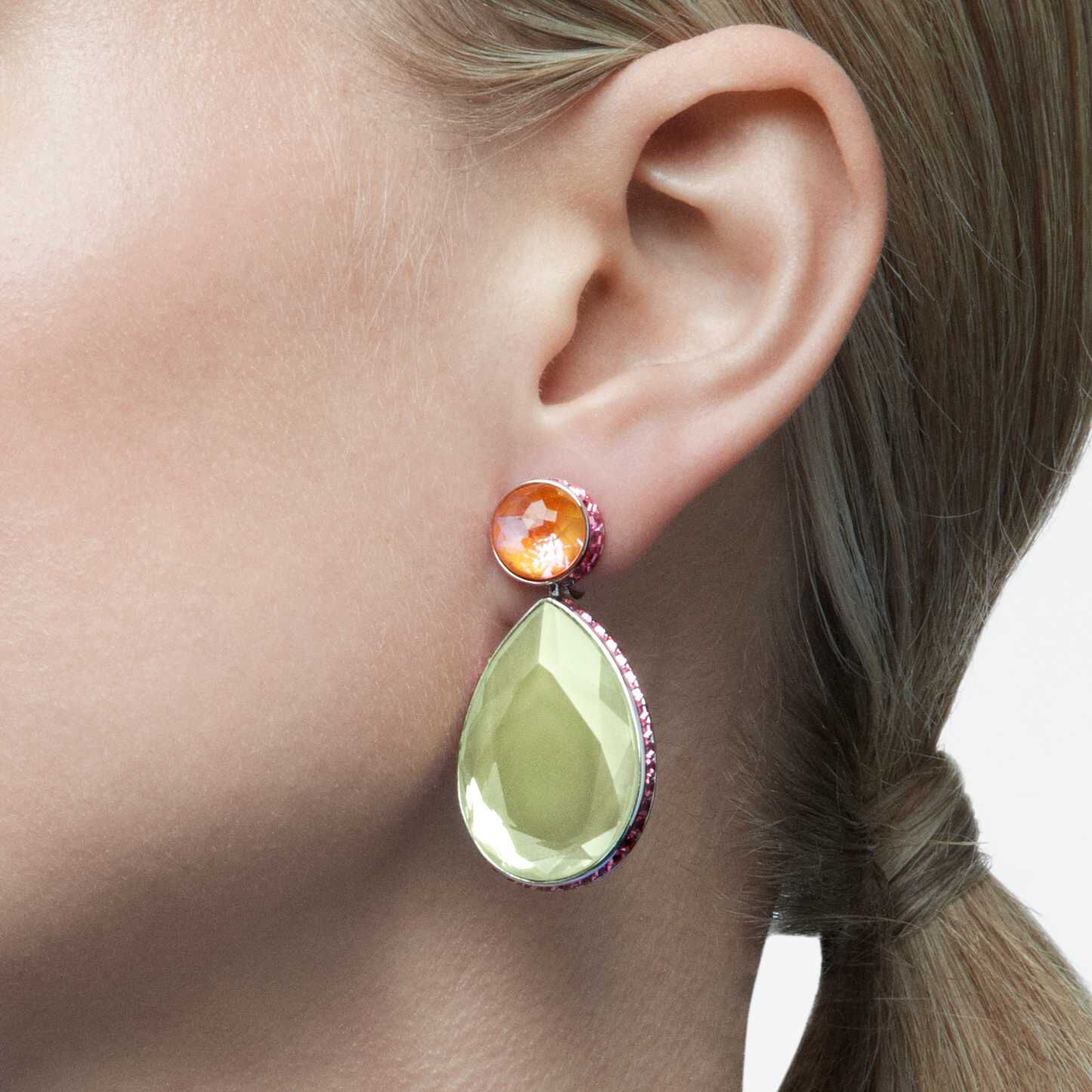 swarovski orbita clip earrings  drop cut crystals  multicolored  rhodium plated