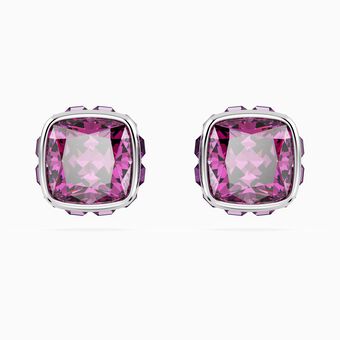 Birthstone stud earrings, Square cut, February, Pink, Rhodium plated