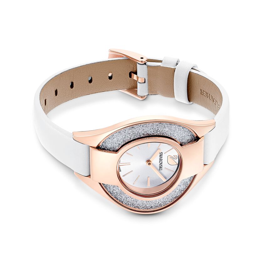 Crystalline Sporty Watch, Leather strap, White, Rose-gold tone PVD