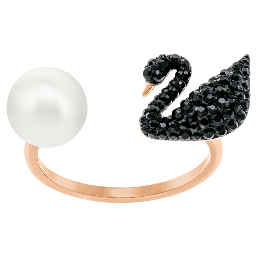 swarovski iconic swan open ring  black  rose gold plated