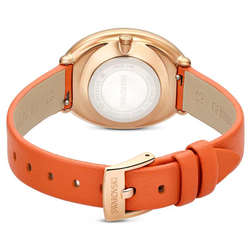 swarovski imber oval watch  swiss made  leather strap  orange  rose gold tone finish