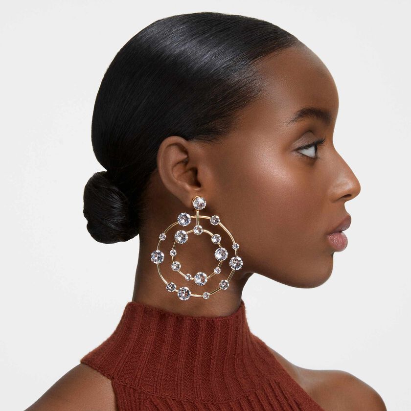 swarovski constella clip earrings  mixed round cuts  white  gold tone plated