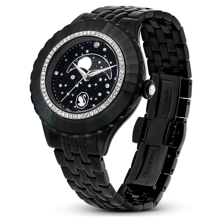 swarovski octea moon watch  swiss made  moon  metal bracelet  black  black finish