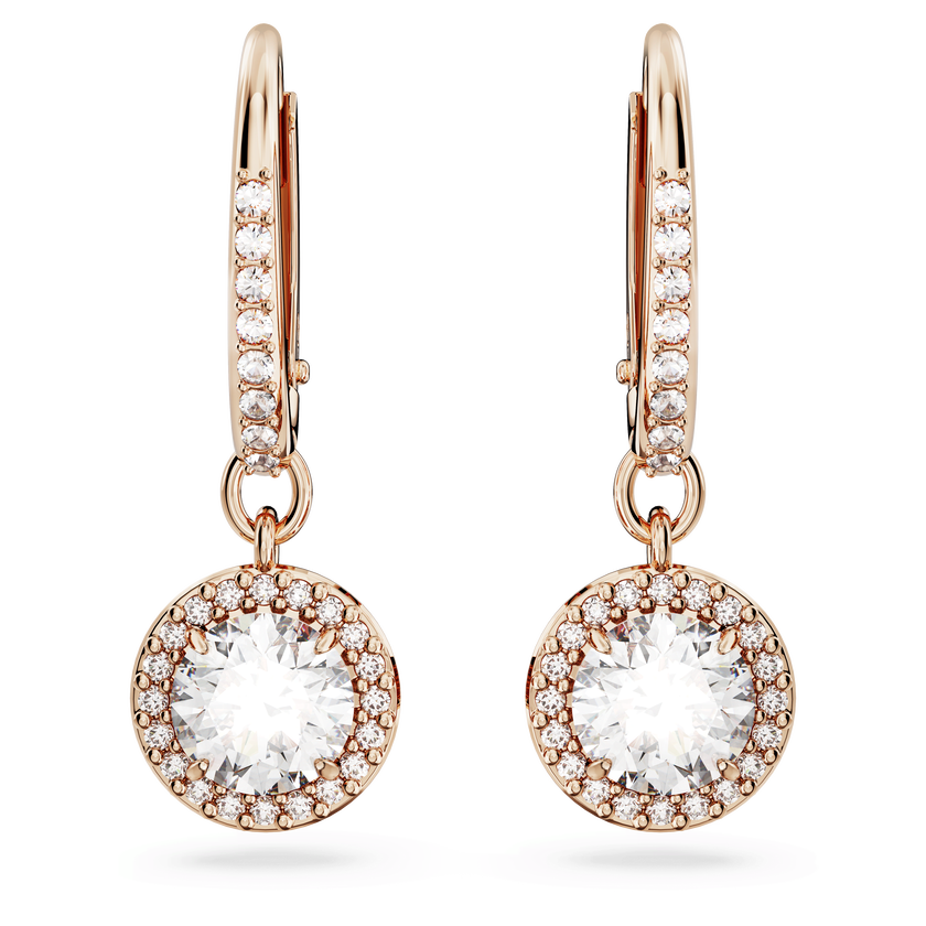 swarovski una angelic drop earrings  round cut  pav   white  18k rose gold finish