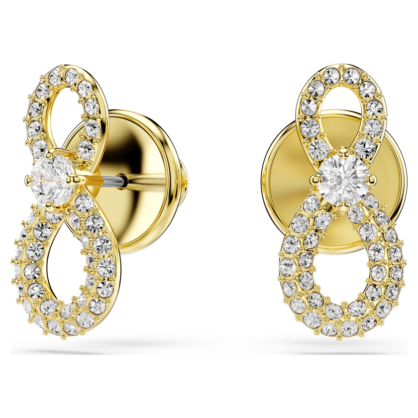 swarovski hyperbola stud earrings  round cut  pav   infinity  white  18k gold finish