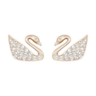Swan Mini Pierced Earrings, White, Rose Gold Plating