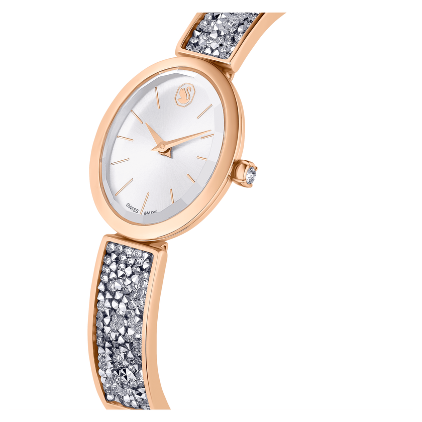 swarovski crystal rock oval watch  swiss made  metal bracelet  silver tone  rose gold tone finish