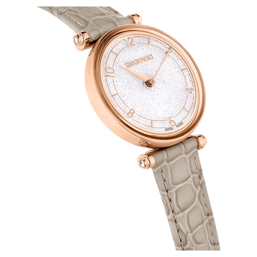 swarovski crystalline wonder watch  swiss made  leather strap  beige  rose gold tone finish