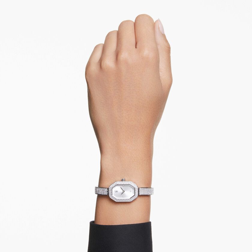 swarovski dextera bangle watch  swiss made  metal bracelet  silver tone  stainless steel