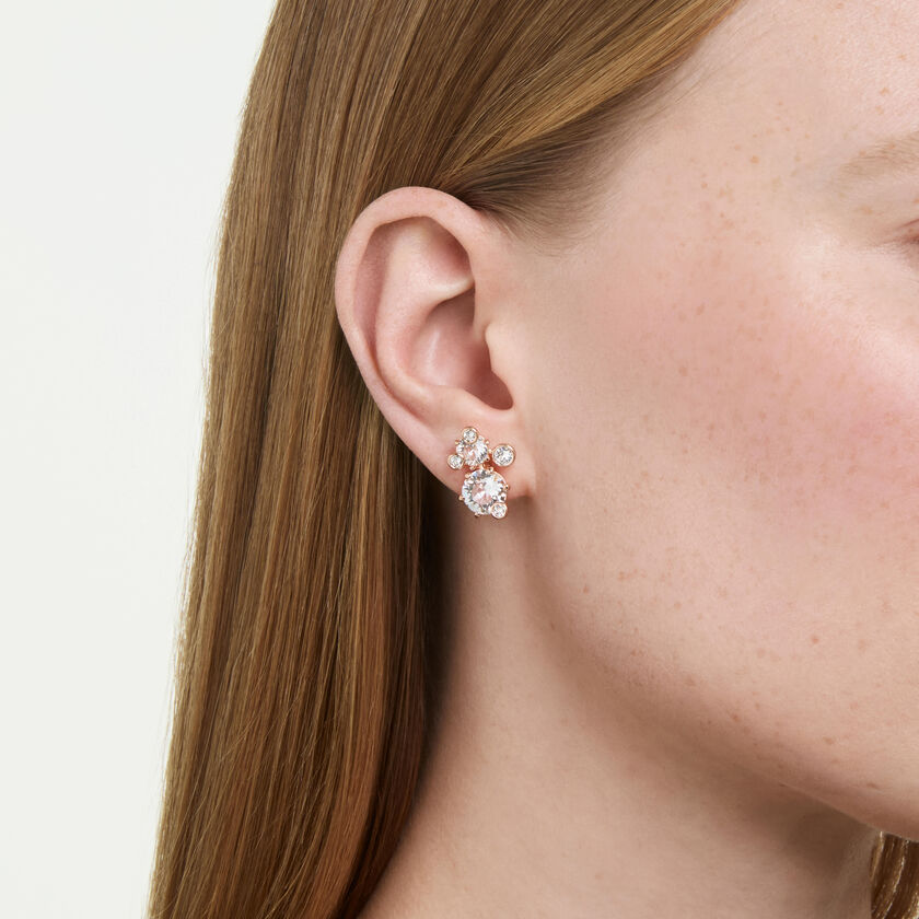swarovski constella stud earrings  round cut  white  18k rose gold finish