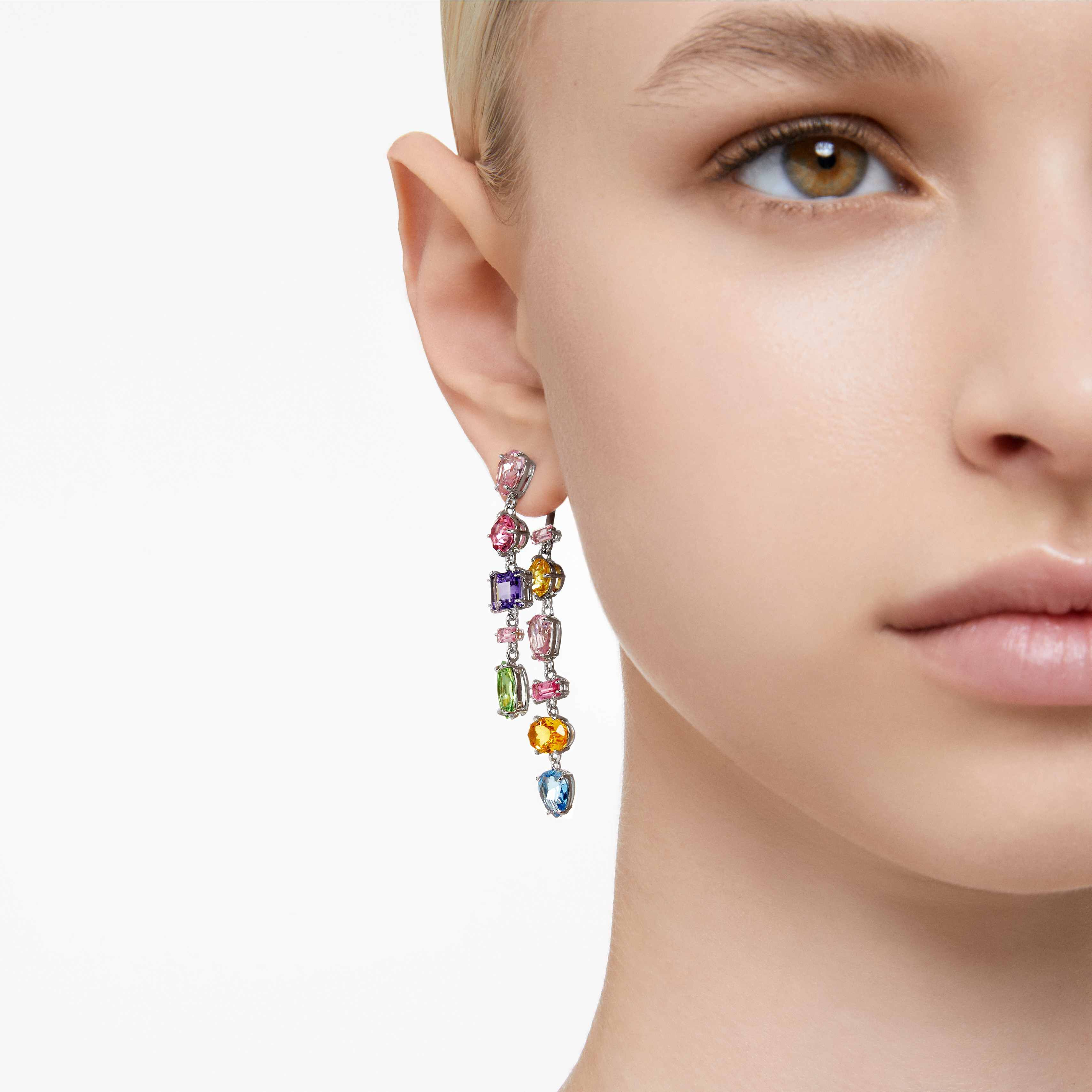 Gema drop earrings Asymmetrical design Mixed cuts Long Multicolored Rhodium plated