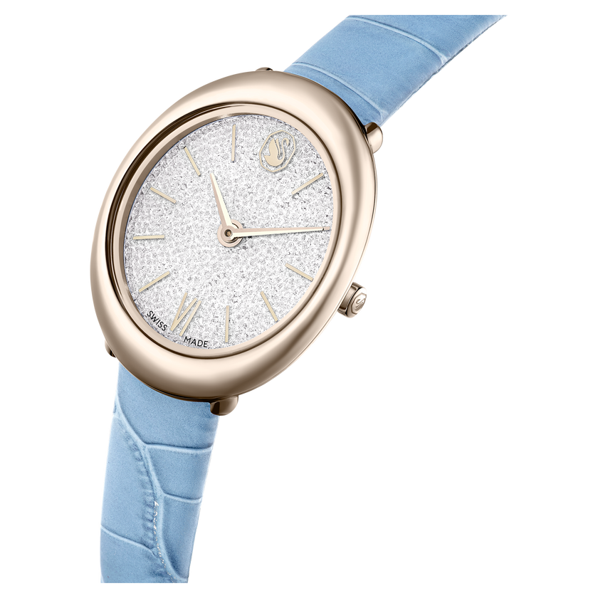 swarovski imber oval watch  swiss made  leather strap  blue  champagne gold tone finish