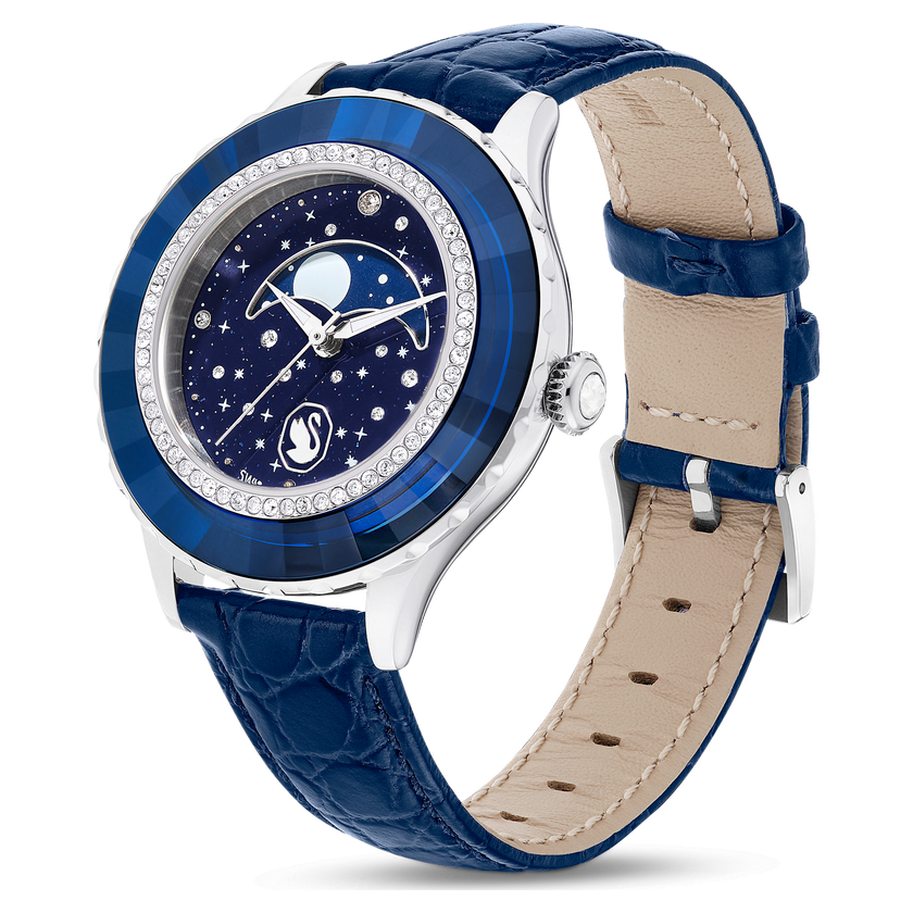 swarovski octea moon watch  swiss made  moon  leather strap  blue  stainless steel