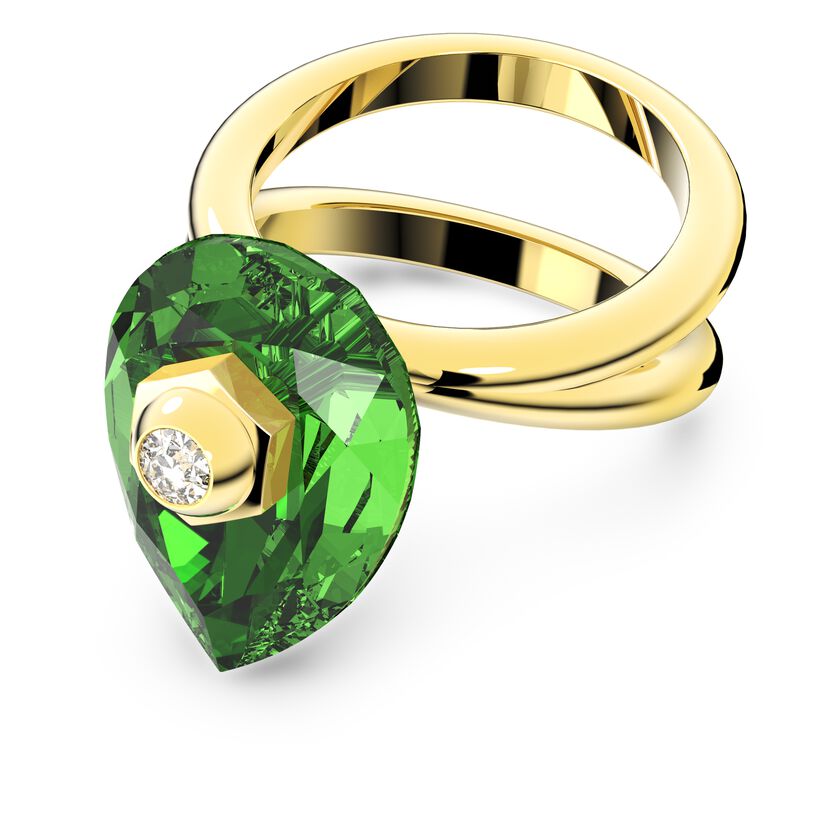 Numina ring, Pear cut crystal, Green, Gold-tone plated