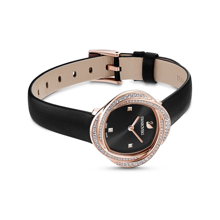 Crystal Flower Watch, Leather strap, Black, Rose-gold tone PVD