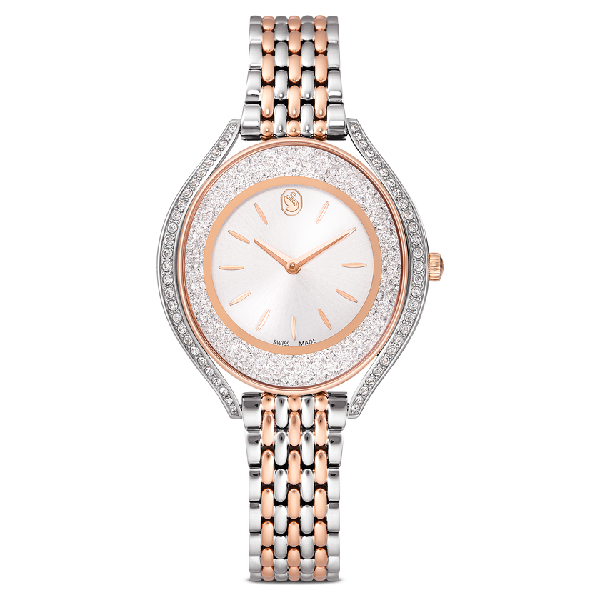 swarovski crystalline aura watch  swiss made  metal bracelet  rose gold tone  mixed metal finish