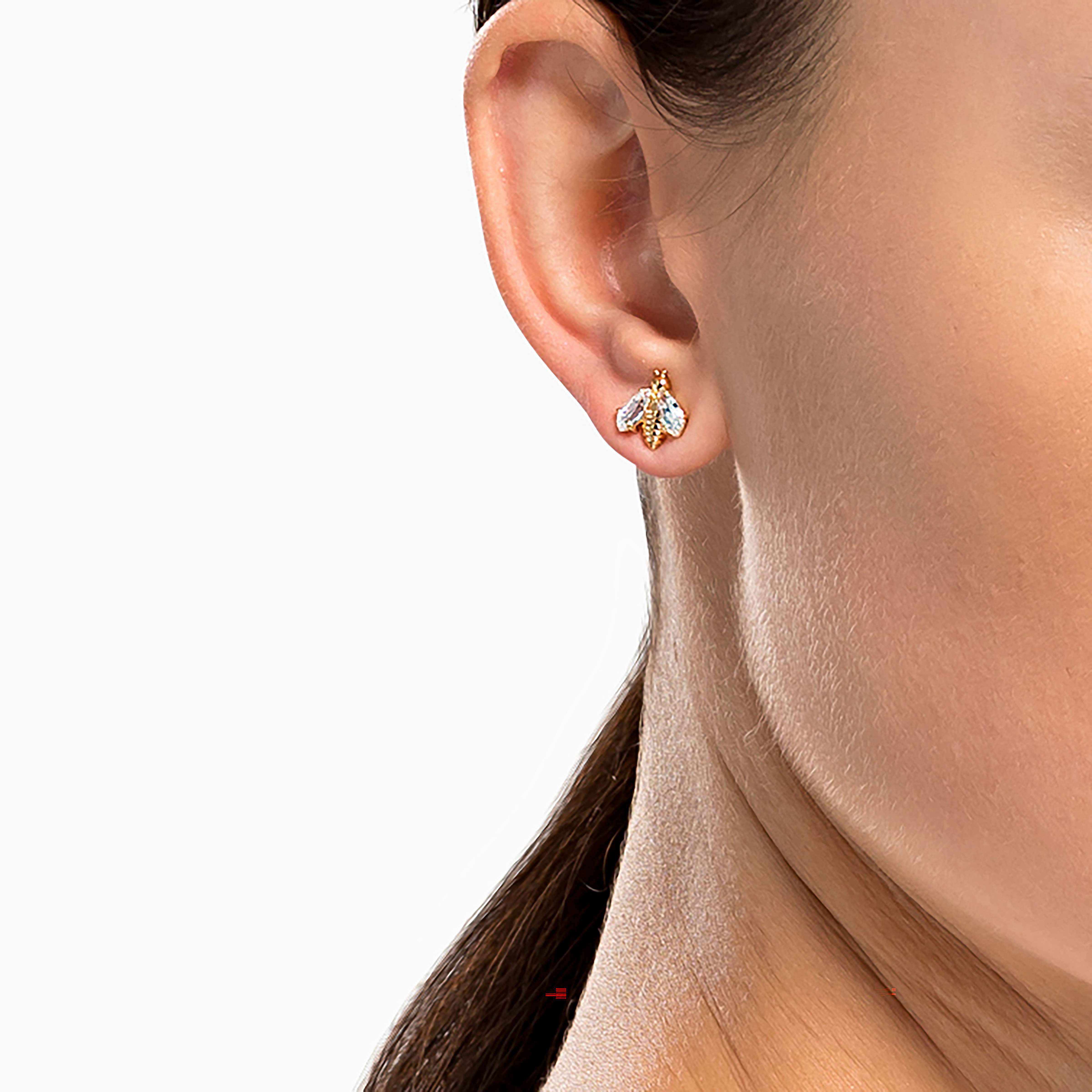 Eternal Flower Bee Pierced Earrings, White, Gold-tone plated