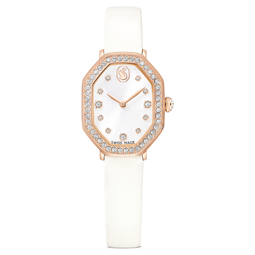 swarovski dextera octagon watch  swiss made  leather strap  white  rose gold tone finish