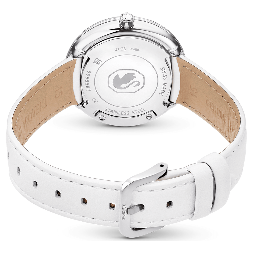 swarovski crystalline lustre watch  swiss made  leather strap  white  stainless steel