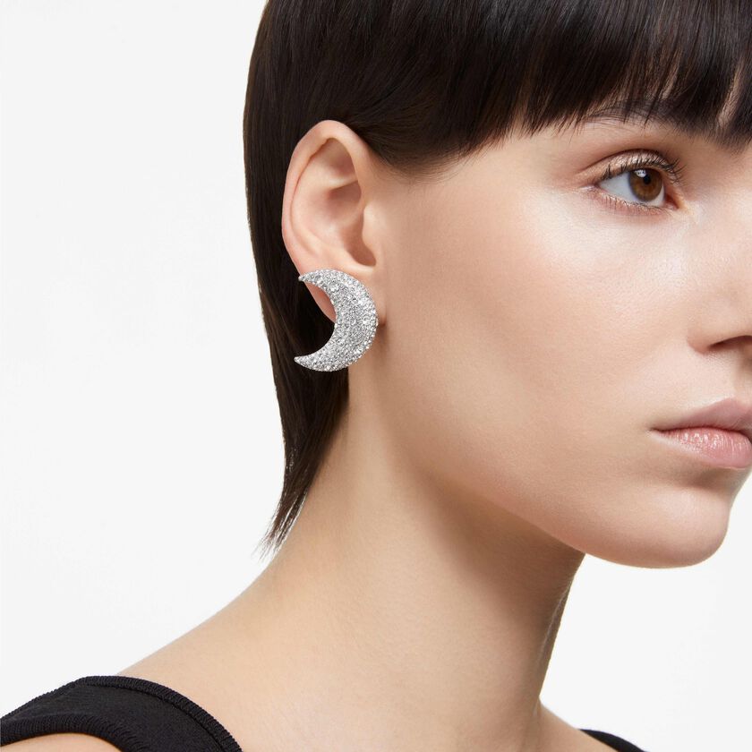 swarovski luna clip earrings  moon  white  rhodium plated