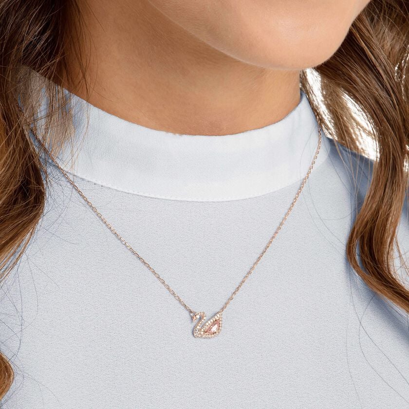 swarovski swan necklace  swan  pink  rose gold tone plated