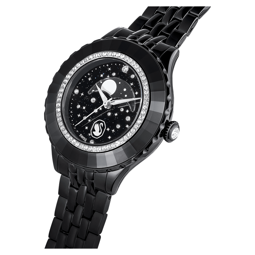 swarovski octea moon watch  swiss made  moon  metal bracelet  black  black finish