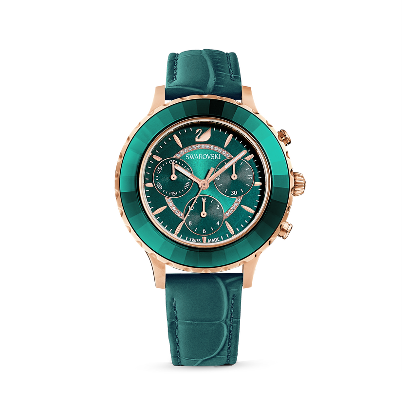 Octea Lux Chrono Watch, Leather Strap, Green, Rose gold tone