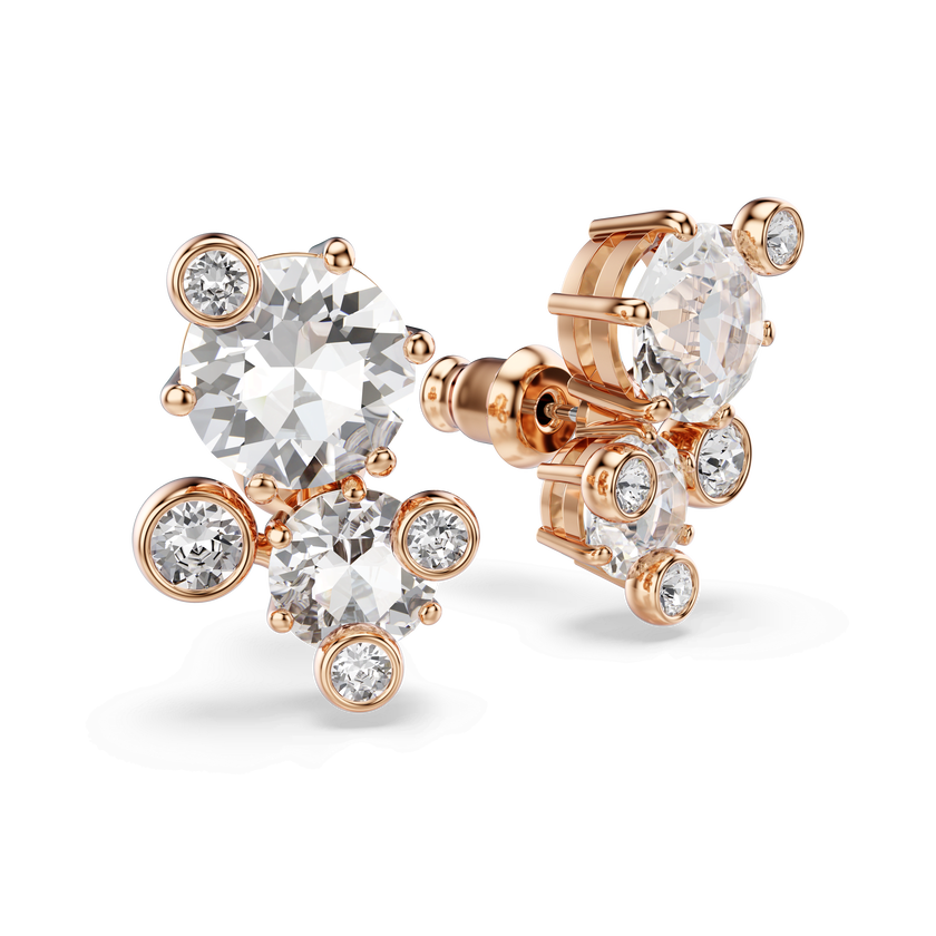 swarovski constella stud earrings  round cut  white  18k rose gold finish