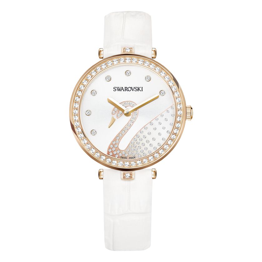 Aila Dressy Lady Swan Watch, Leather Strap, White, Rose Gold Tone