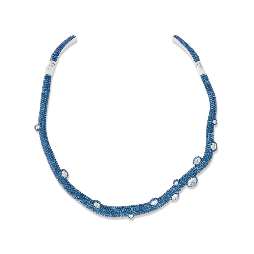 Tigris torque necklace, Water droplets, Blue, Palladium plated