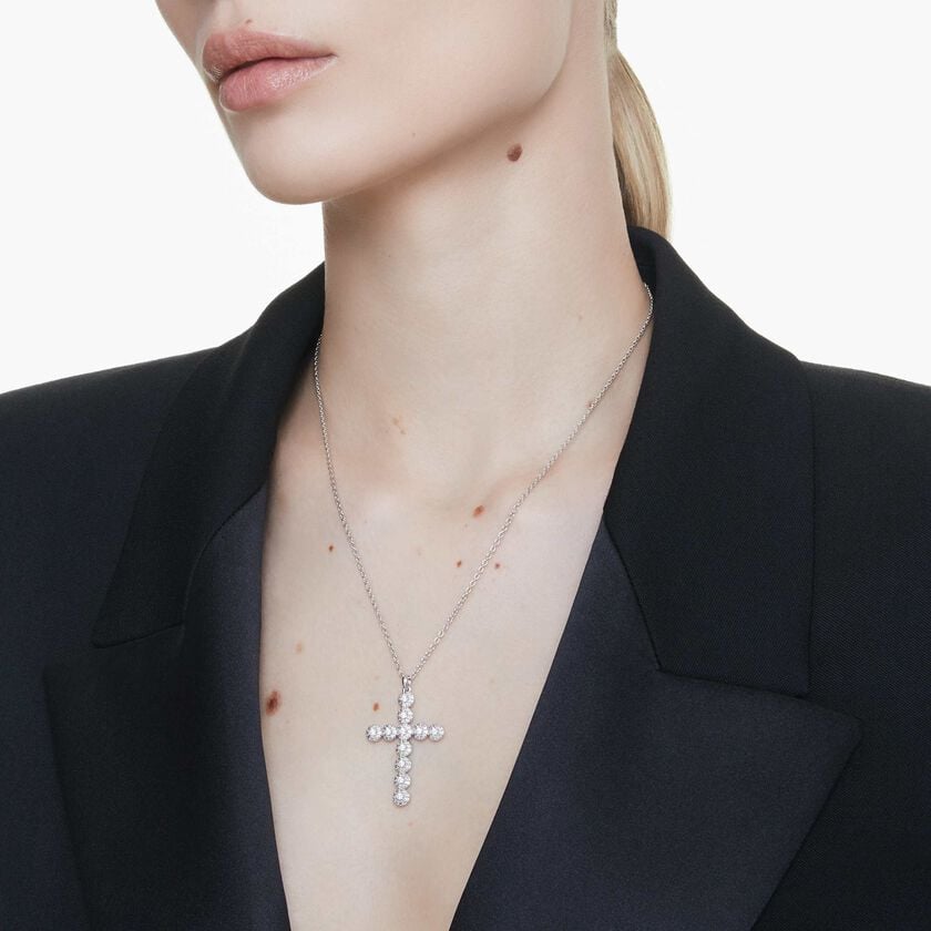 swarovski insigne pendant  mixed cuts  cross  white  rhodium plated