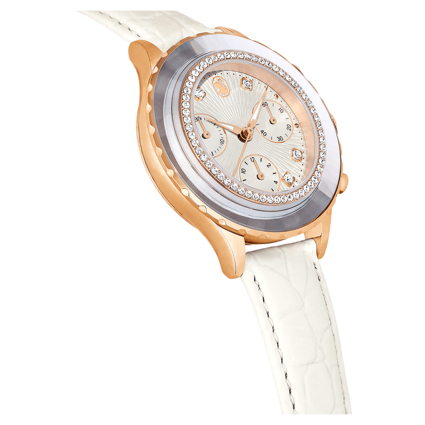 swarovski octea chrono watch  swiss made  leather strap  white  rose gold tone finish