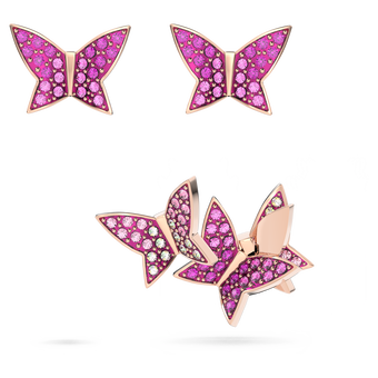 swarovski idyllia lilia stud earrings  set  3   butterfly  pink  18k rose gold finish