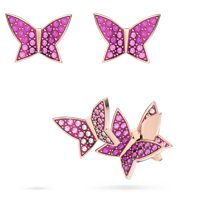 swarovski lilia stud earrings  set  3   butterfly  pink  rose gold tone plated