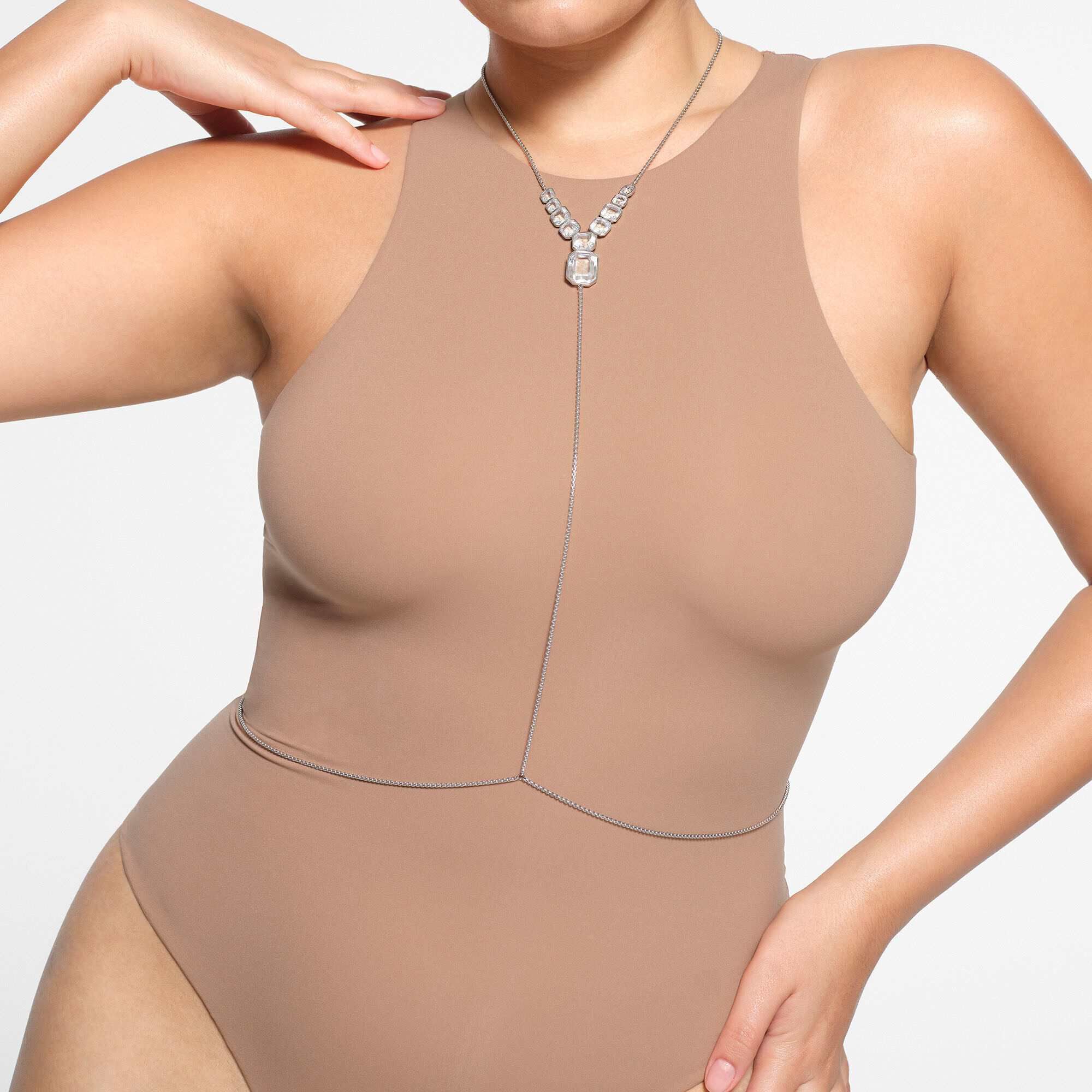 swarovski x skims body chain  mixed cuts  box chain  y shape  white  stainless steel