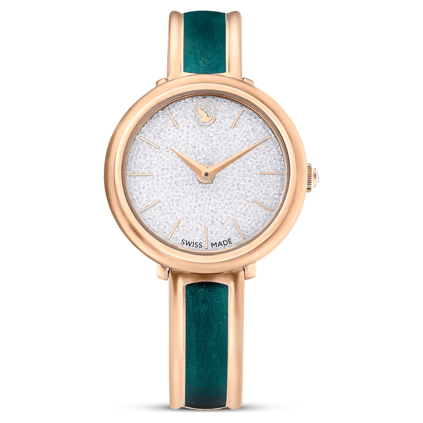 swarovski crystalline bangle watch  swiss made  metal bracelet  green  rose gold tone finish