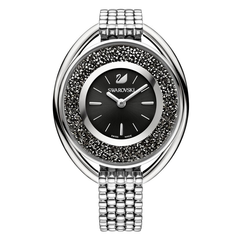Crystalline Oval Watch, Metal bracelet, Black, Silver Tone