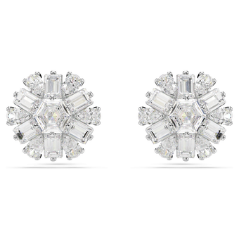 swarovski idyllia stud earrings  mixed cuts  snowflake  white  rhodium plated
