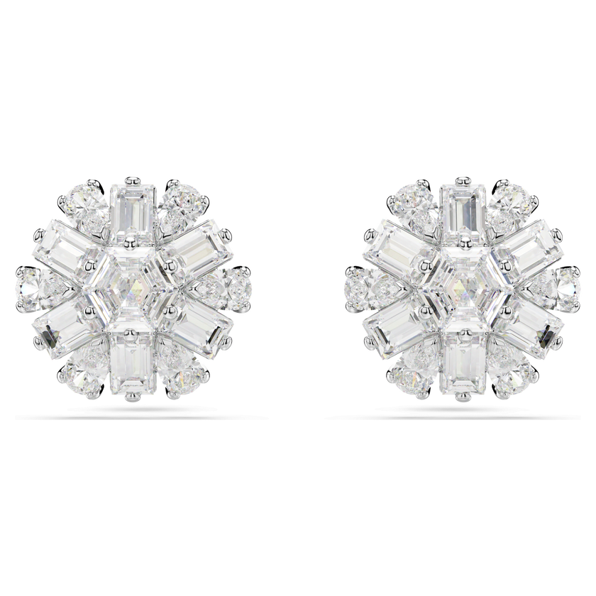 swarovski idyllia stud earrings  mixed cuts  snowflake  white  rhodium plated